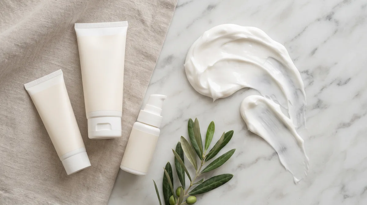 Rilastil recensioni: crema bianca stesa su marmo chiaro accanto a tubetti e flaconi bianchi senza etichetta