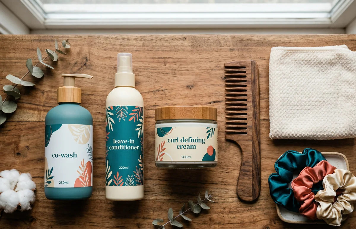 Prodotti per capelli ricci disposti su superficie con accessori styling e ciocche ricce