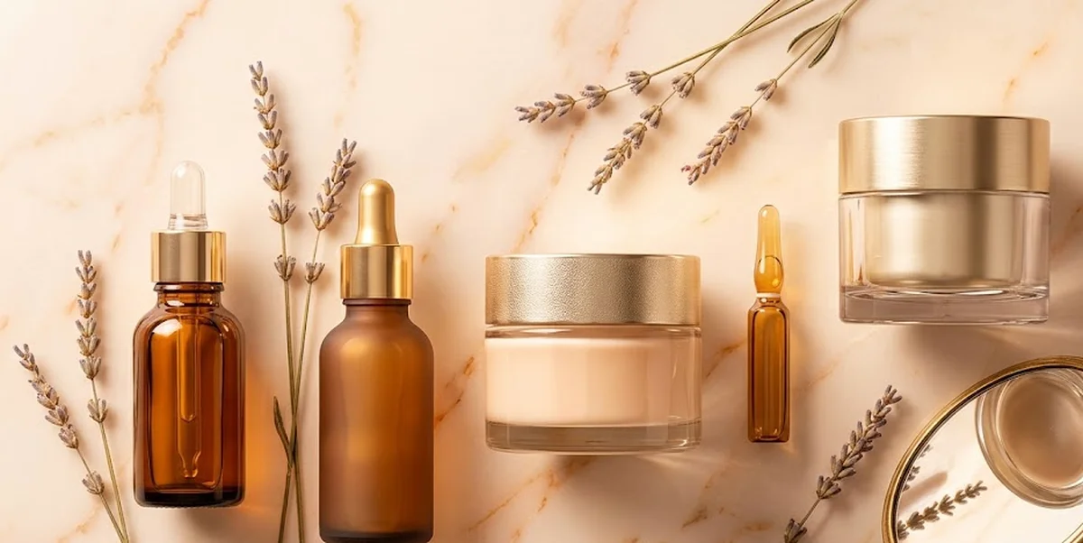 Prodotti anti-age per prime rughe disposti su superficie elegante