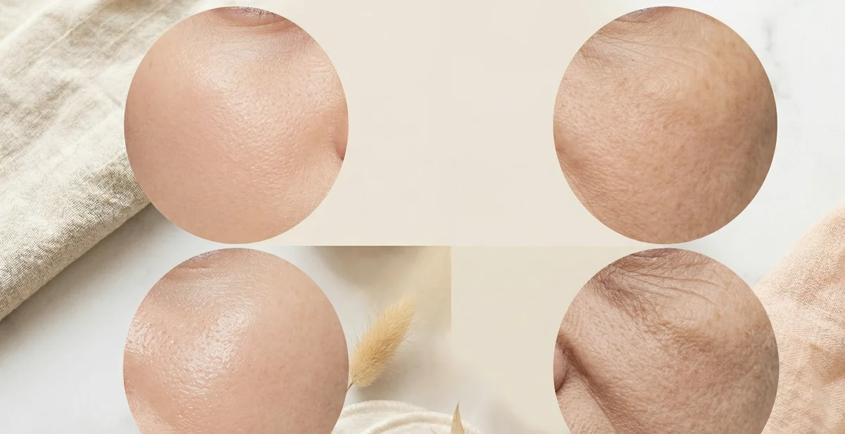 Routine serale skincare per pelle secca con prodotti idratanti e nutrienti disposti su un ripiano in luce soffusa