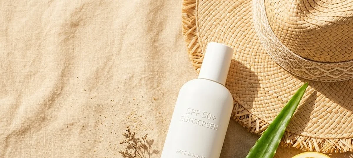 Prodotti skincare estivi con frutti tropicali e cappello di paglia su asciugamano beige al sole