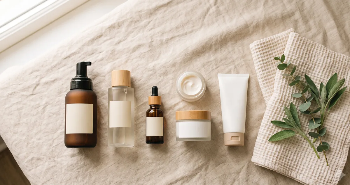 Routine skincare completa con detergente, siero, crema idratante e protezione solare in ordine