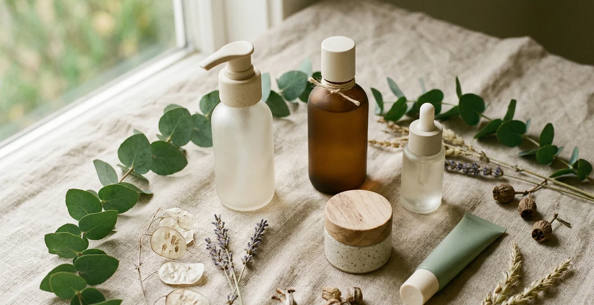 Set di prodotti skincare essenziali per pelle normale disposti minimalisticamente su superficie neutra