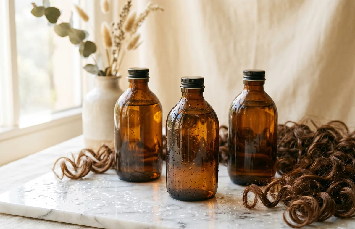 Bottiglia di shampoo senza solfati per capelli ricci su superficie in marmo con foglie verdi e riccioli definiti