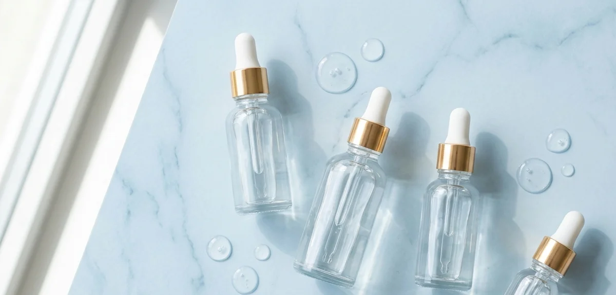 Sieri all'acido ialuronico disposti su sfondo chiaro con texture trasparenti e gocce di prodotto