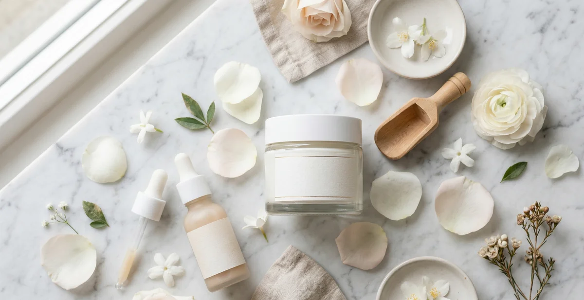 Sieri alla niacinamide disposti su sfondo chiaro con pipette e texture prodotto