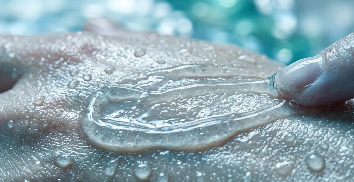 Viso femminile con pelle luminosa e idratata, gocce d'acqua e prodotti skincare stratificati su sfondo chiaro