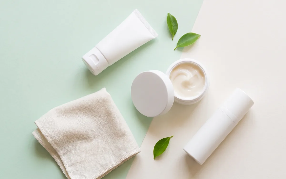 Routine skincare adolescenti: detergente delicato, crema idratante leggera e protezione solare disposti su fondo chiaro