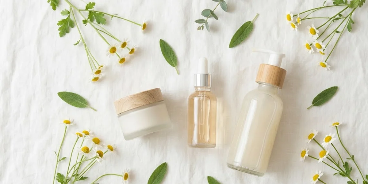 Prodotti skincare naturali e sicuri per gravidanza su superficie chiara con foglie verdi e texture delicate