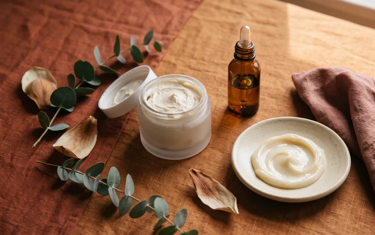 Flat lay di prodotti per la skincare in menopausa su fondo ambrato, con texture ricche e nutrienti