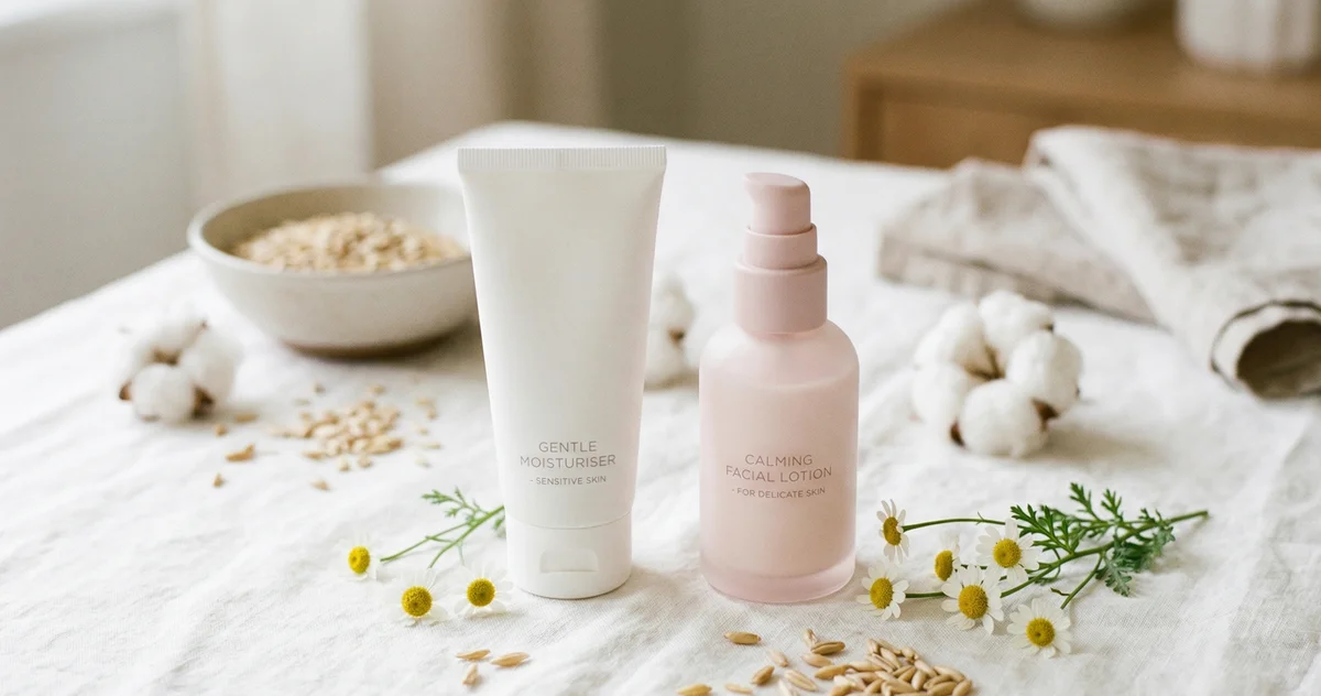 Donna che applica crema idratante su viso con pelle sensibile durante routine skincare mattutina