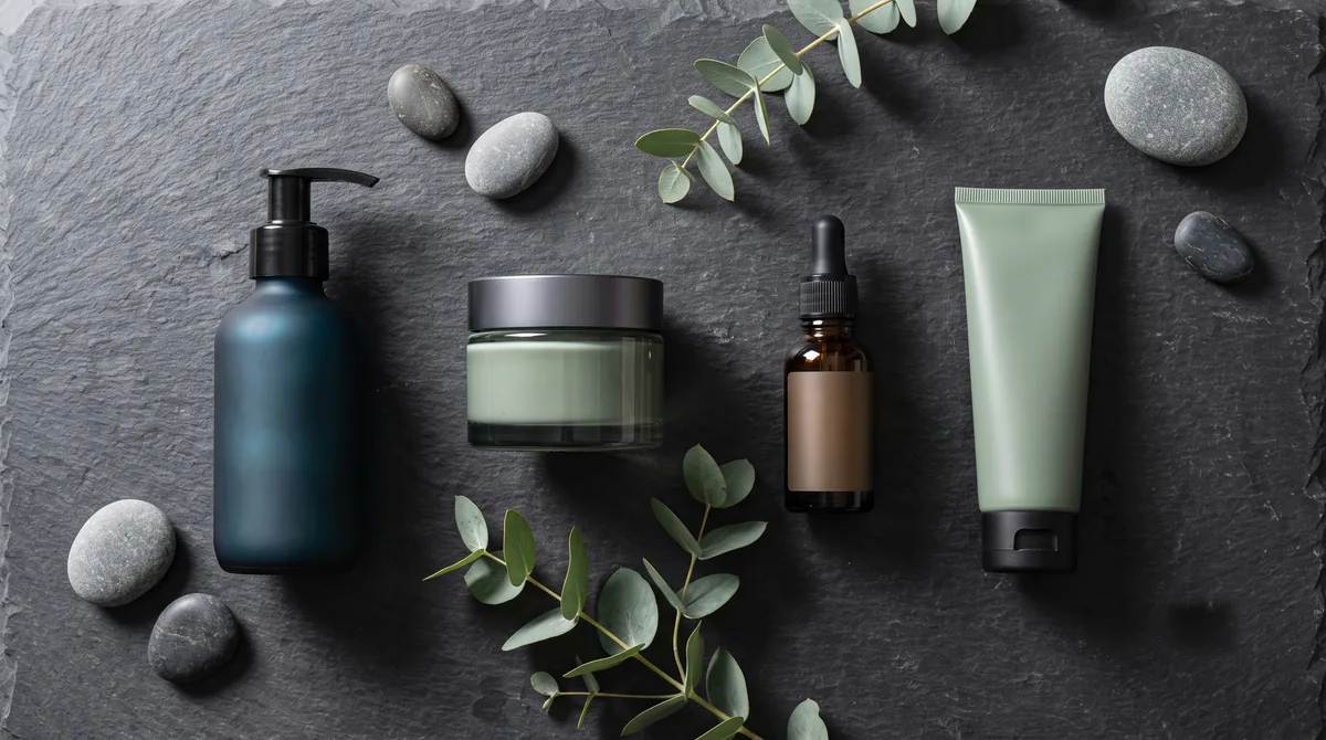 Uomo che applica crema idratante sul viso davanti allo specchio con detergente e siero per la skincare uomo disposti sul lavabo