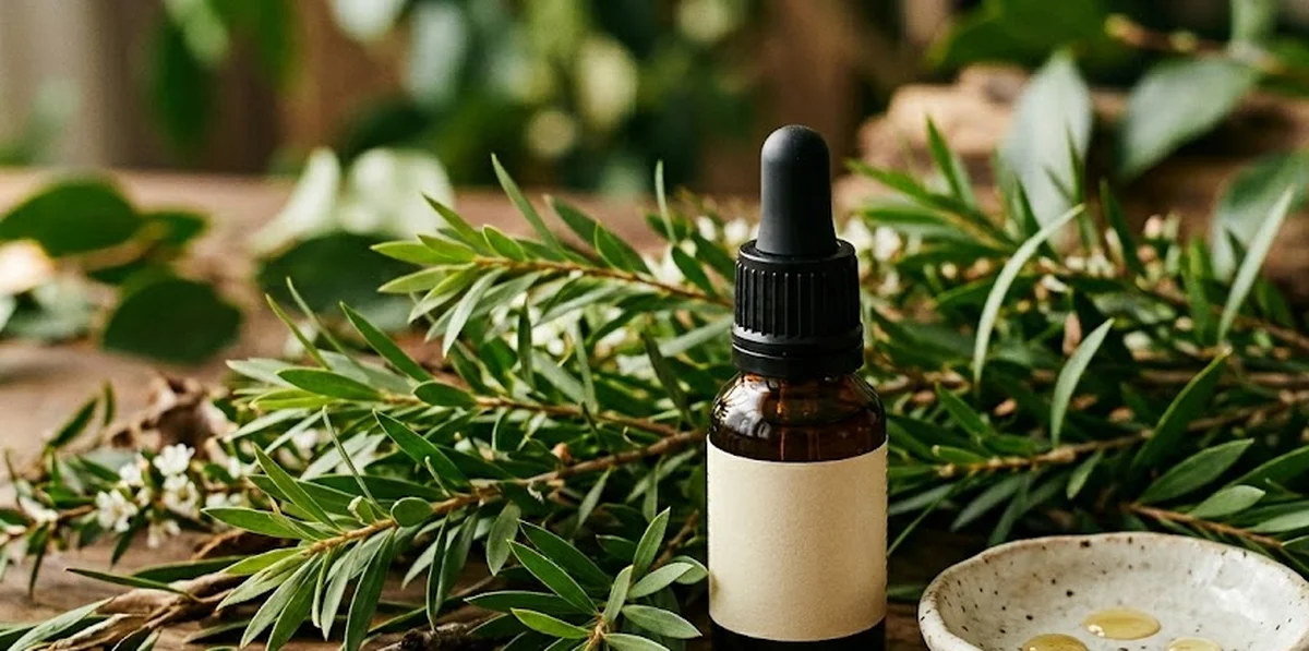 Boccetta di tea tree oil essenziale con foglie di melaleuca su superficie naturale in legno