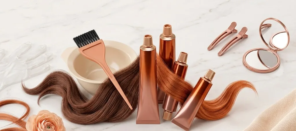 Applicazione della tinta capelli a casa sulle radici con pennello e ciotola, capelli divisi in sezioni su sfondo neutro chiaro