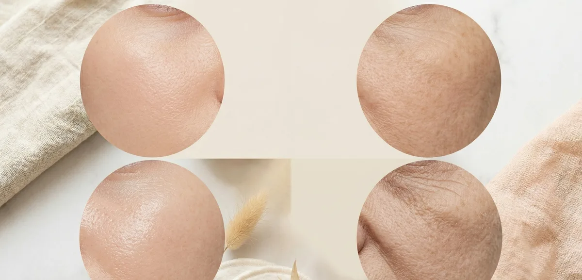 Quattro texture di pelle diverse in macro fotografia per identificare il tipo di pelle