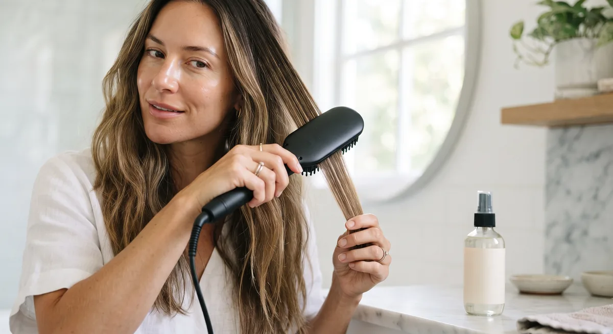 Tymo recensioni: spazzola lisciante nera passata su una ciocca di capelli castani asciutti davanti allo specchio