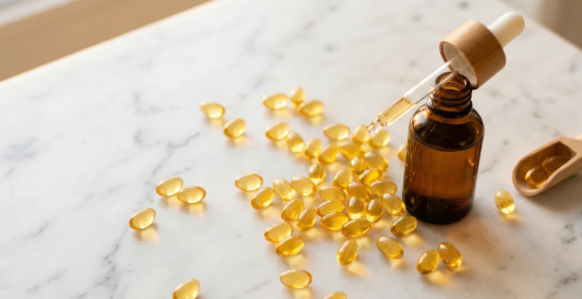 Flacone ambrato con olio alla vitamina E su sfondo morbido con foglie verdi e texture dorata per skincare